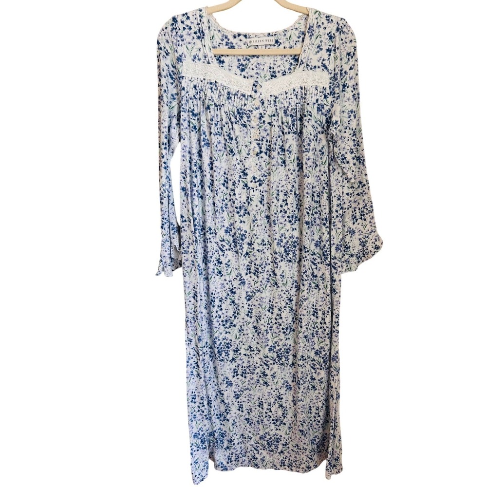 Eileen West Size S Cotton Knit Blue Floral Long Sleeve Lace Trim Nightgown